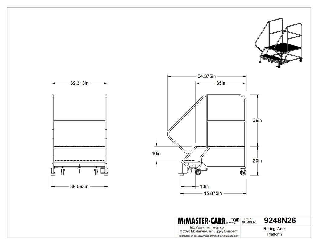 Technical Drawing of Rolling Work Platform, Gray Powder Coated Steel, 56" High x 40" Wide x 54" Deep Overall.
